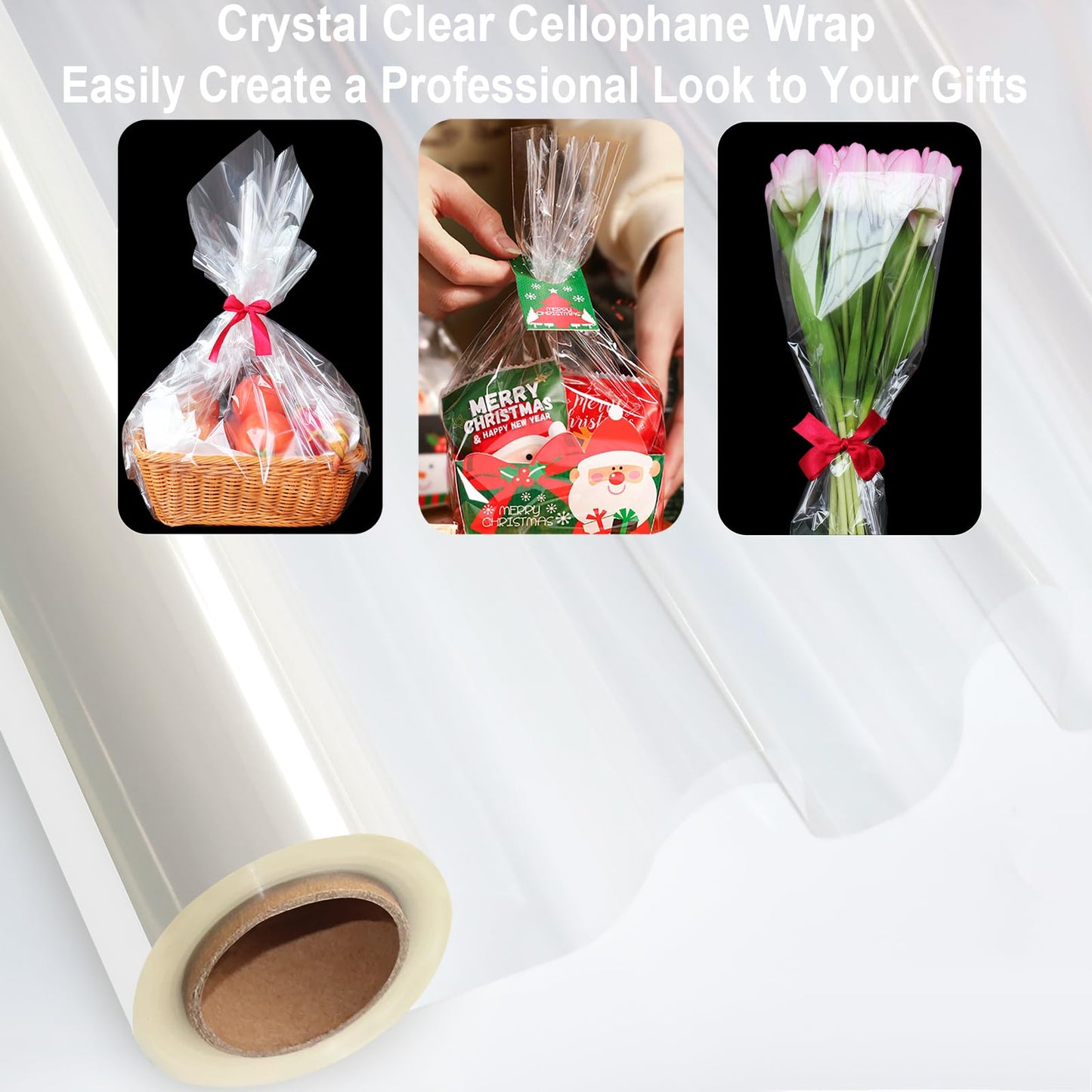 SYOGUA 100 ft Extra Wide Clear Cellophane Wrap Roll, 34" x 100', Thicker Transparent Paper for Gifts, Treats, Holidays, Christmas