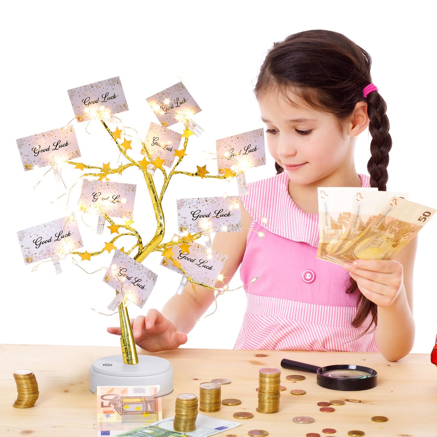 Coume Money Tree Gift Card Holder 1.5 ft Tabletop Display Tree with 72 LED Lights 15 Clear Clips Gold Display Birch Twig for Money Wedding Card Photo Birthday