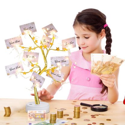 Coume Money Tree Gift Card Holder 1.5 ft Tabletop Display Tree with 72 LED Lights 15 Clear Clips Gold Display Birch Twig for Money Wedding Card Photo Birthday