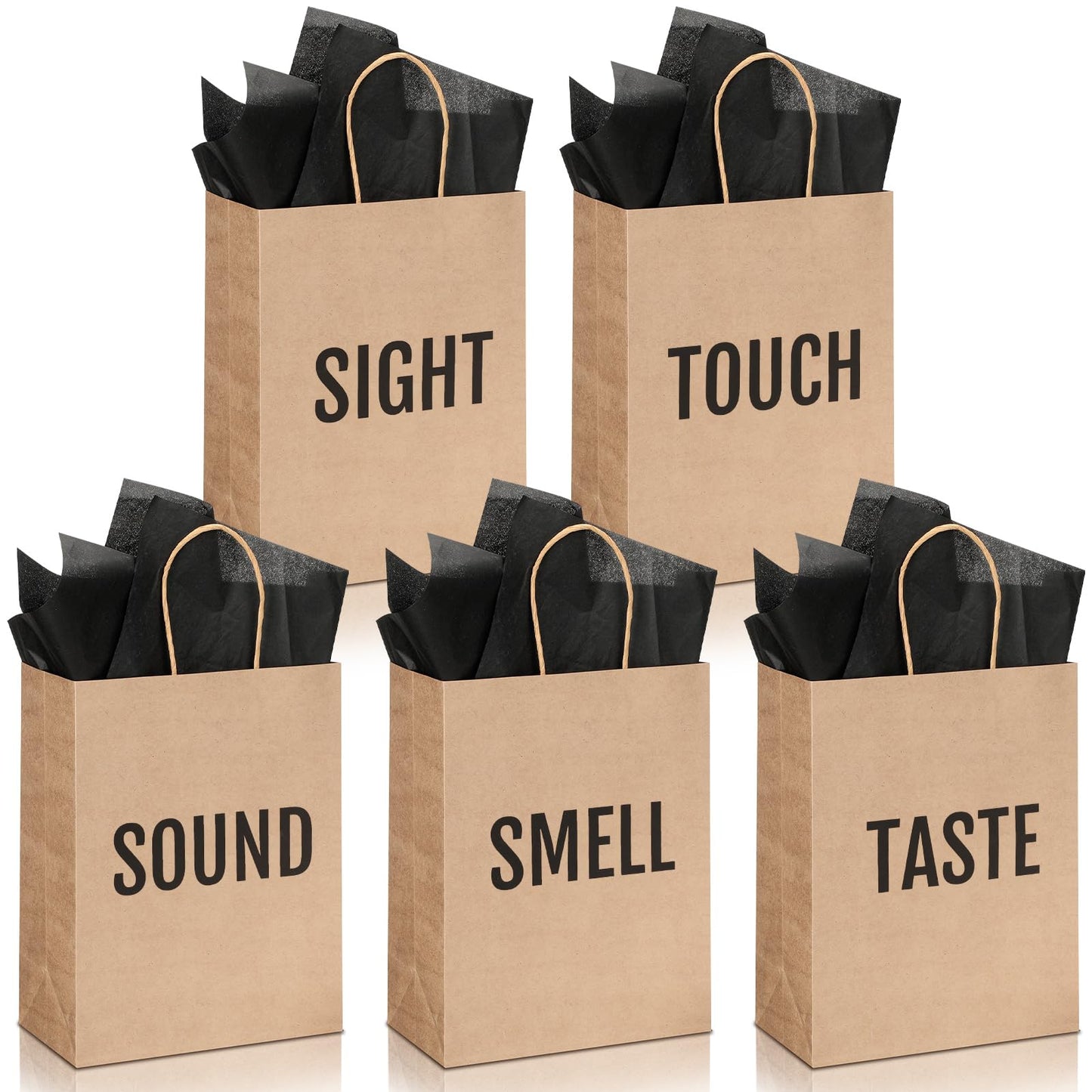 Kolldenn 5 Senses Gift Bags for Him for Her with 10 Pcs Tissue Paper, Paper Bags with Handles Five Senses Gifts for Valentines Christmas Birthday Wedding Anniversary (Kraft,8.3 x 4.3 x 10.6 Inch)