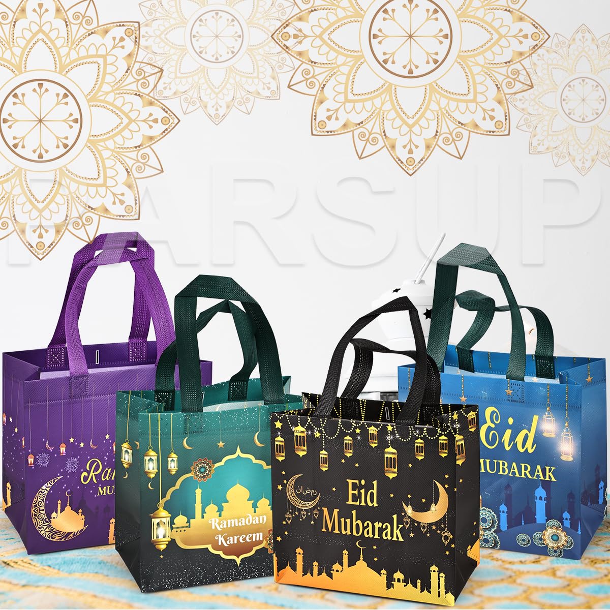 PARSUP 16PCS Eid Mubarak Reusable Gift Bags, Treat Bags with Handles, Ramadan Mubarak Party Bags, Multifunctional Non-Woven Eid Bags for Gifts Wrapping, Ramadan Kareem Party Supplies, 9.2"×8.7"×4.3"