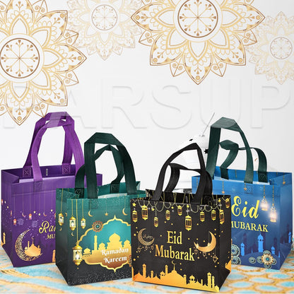PARSUP 16PCS Eid Mubarak Reusable Gift Bags, Treat Bags with Handles, Ramadan Mubarak Party Bags, Multifunctional Non-Woven Eid Bags for Gifts Wrapping, Ramadan Kareem Party Supplies, 9.2"×8.7"×4.3"