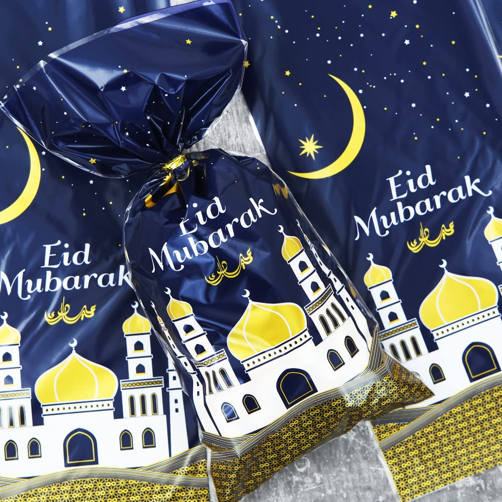 2026 Eid Mubarak Goodie Bags, 100 Pieces Muslim Castle Moon Star Pattern Ramadan Treat Bags Cellophane Bags Goody Favor Bags with Gold Twist Ties for Muslim Islamic Eid Iftar Diwali Party Kids Gifts