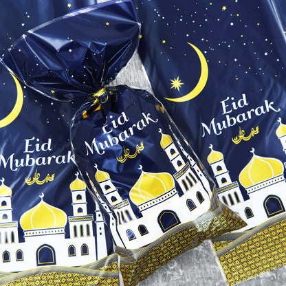 2026 Eid Mubarak Goodie Bags, 100 Pieces Muslim Castle Moon Star Pattern Ramadan Treat Bags Cellophane Bags Goody Favor Bags with Gold Twist Ties for Muslim Islamic Eid Iftar Diwali Party Kids Gifts
