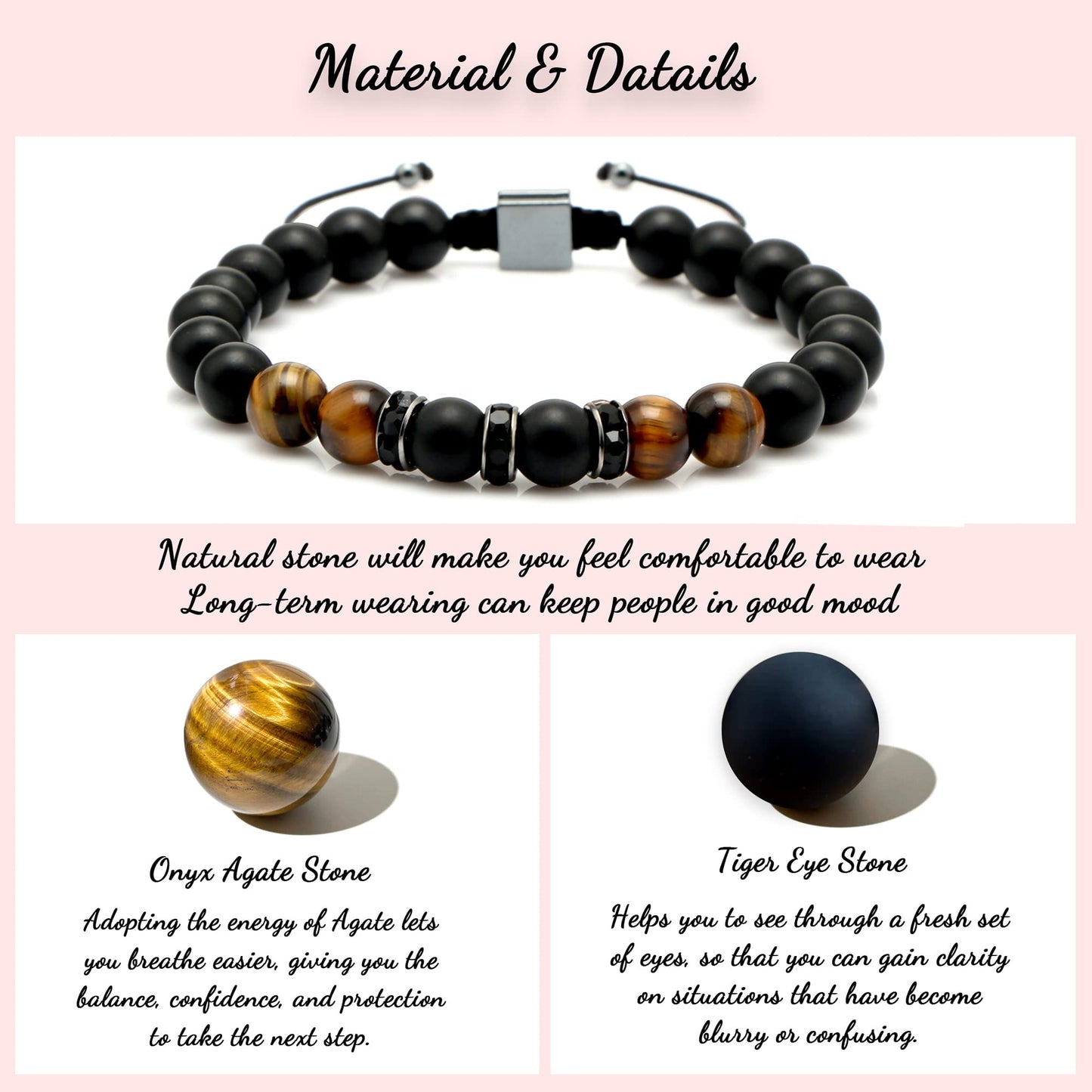 JoycuFF Gifts for Men Natural Tiger Eye Black Matte Agate Bracelets, Fathers Day Anniversary Christmas Birthday Gifts for Him Boyfriend Husband Brother from Girlfriend Wife, To My Man Bead Bracelets