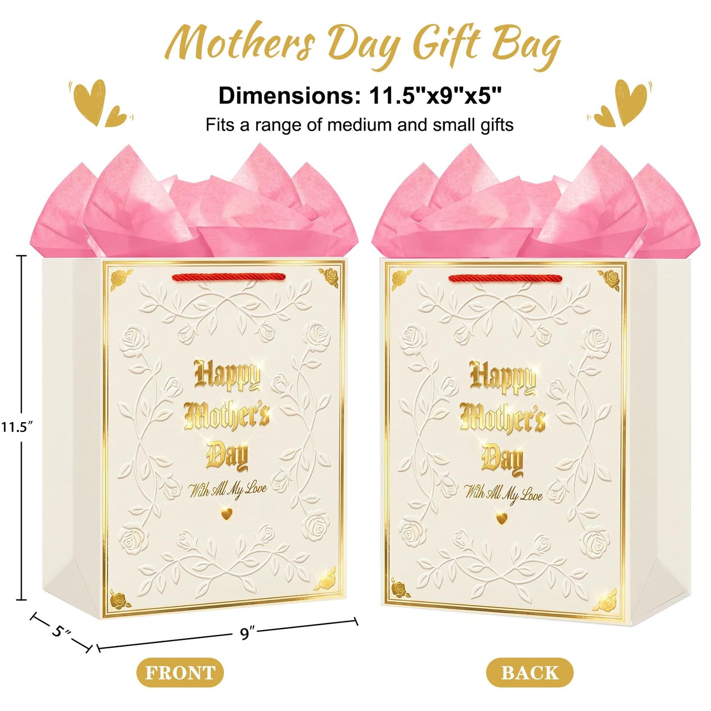 D4DREAM Mothers Day Gift Bag - 11.5'' Medium Happy Mother's Day Paper Gift Bag with Tissue Paper and Handles Elegant Embossed Rose Gift Wrap Bag for Mom Nana Grandma Wife Sister