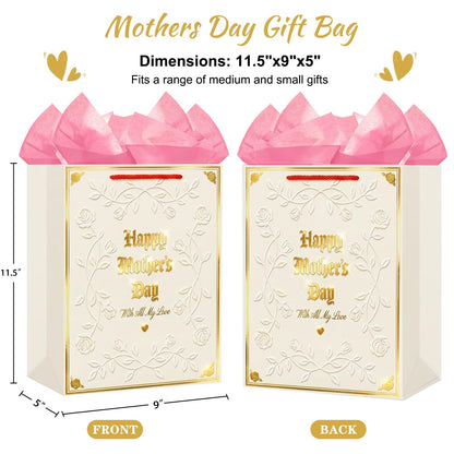 D4DREAM Mothers Day Gift Bag - 11.5'' Medium Happy Mother's Day Paper Gift Bag with Tissue Paper and Handles Elegant Embossed Rose Gift Wrap Bag for Mom Nana Grandma Wife Sister