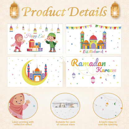 48Pcs Eid Mubarak Money Envelopes Ramadan Kareem Cash Gift Envelope Eid Gifts for Kids Ramadan Gift Party Supplies Card Holders Holiday Celebrations Decorations（4 Style, 48 PCS, 6.5x3.5 inches)