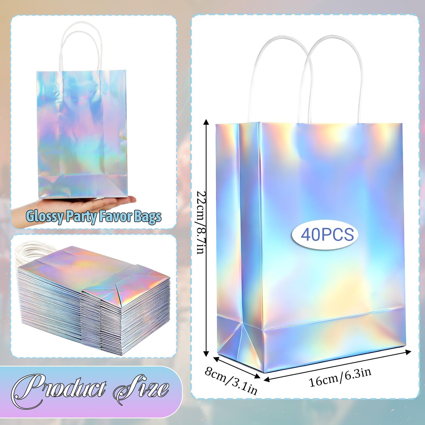 IMengjbang 40 Pcs Iridescent Gift Bags with Handle, 8.3 x 5.9 x 3.1 Inch Holographic Glossy Paper Goodie Bags Reusable Glitter Party Favor Tote for Birthday Wedding Bachelorette Party Boutique