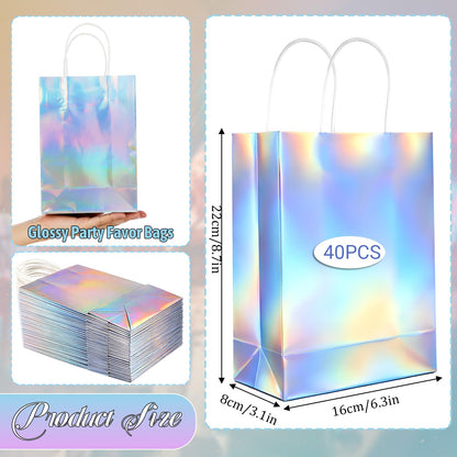 IMengjbang 40 Pcs Iridescent Gift Bags with Handle, 8.3 x 5.9 x 3.1 Inch Holographic Glossy Paper Goodie Bags Reusable Glitter Party Favor Tote for Birthday Wedding Bachelorette Party Boutique