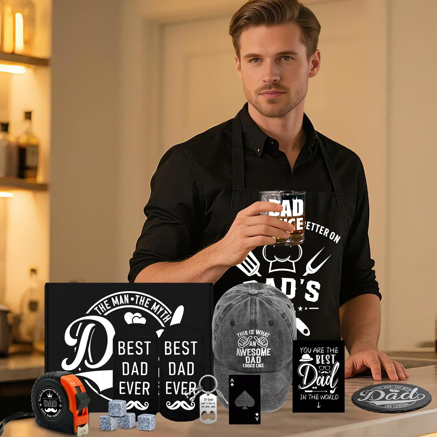 14 Pcs Dad Gifts, Unique Best Father Ever Gift with 11 Oz Dad Juice Whiskey Glass 4 Whiskey Stones Coaster Apron Hat Sock Tape Measure Keychain, Birthday Father's Day Christmas Gift for Papa, Husband