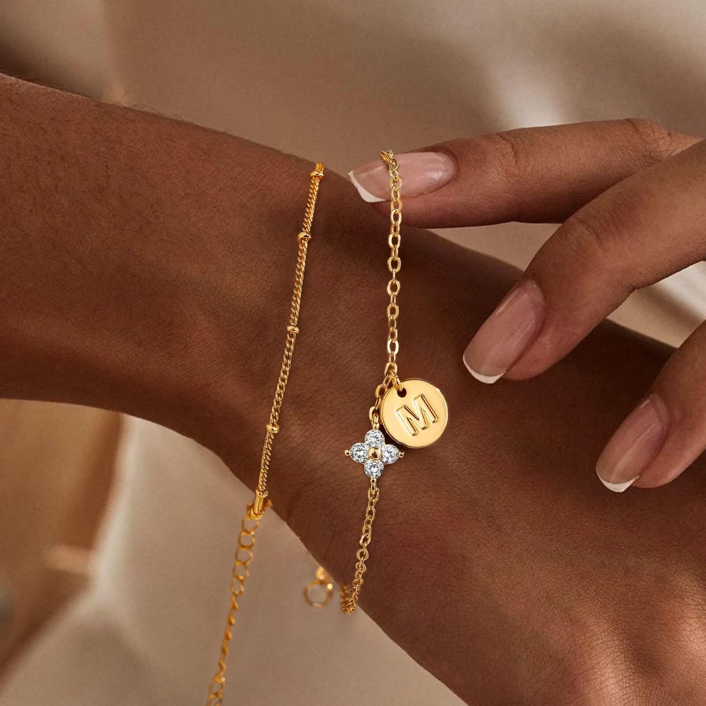 M MOOHAM Initial Bracelets for Women Gifts - Dainty Four Leaf Clover Bracelet for Women Trendy Personalized Initial Bracelet for Teen Girls Jewelry Gifts