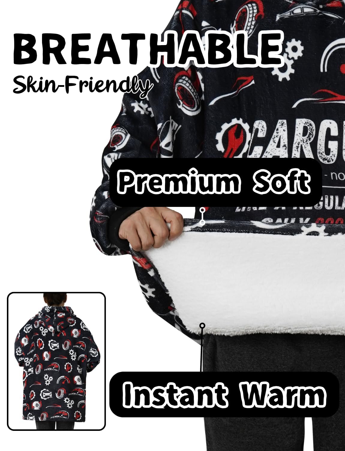 Huglanket Car Guy Gifts for Car Lovers, Wearable Blanket Hoodies for Adults for Birthday, Christmas, Oversized Flannel Hooded Blankets, One Size Fits All
