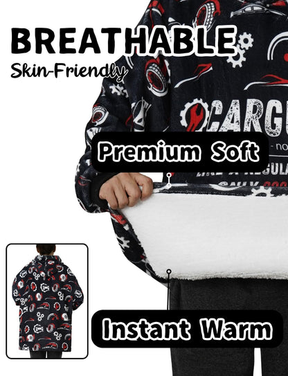 Huglanket Car Guy Gifts for Car Lovers, Wearable Blanket Hoodies for Adults for Birthday, Christmas, Oversized Flannel Hooded Blankets, One Size Fits All
