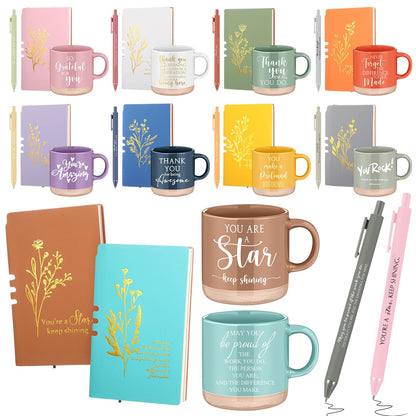 Didaey 10 Sets Employee Appreciation Gifts Set 13oz Inspirational Pastel Ceramic Coffee Mugs A6 Leather Notebooks Ballpoint Pens Bulk Thank You Gifts for Coworker Employees Staff Team Members