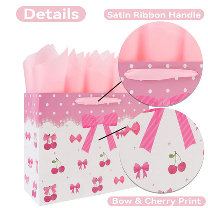 13'' Large Red Bow Gift Bag Set with Handles, Greeting Card, Pink Tissue Papers and Stickers for Women Girls for Birthday, Wedding, Bridal Shower, Baby Shower, Red Bow Design, 1 Pcs