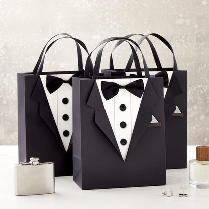 Sparkle and Bash Groomsmen Gift Bags With 3D Tuxedo Design, Satin Bow Tie & Real Buttons - Black, 6 Pack, 8 x 4.5 x 10 In - Wedding & Bachelor Party - Tuxedo Gift Bags for Men