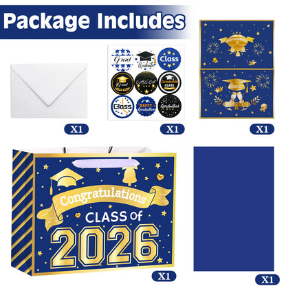 Konsait 13" Large Graduation Gift Bags, Blue Class of 2026 Graduation Bags with Tissue Paper and Greeting Card for Gift Wrapping, Celebrations, Parties & More