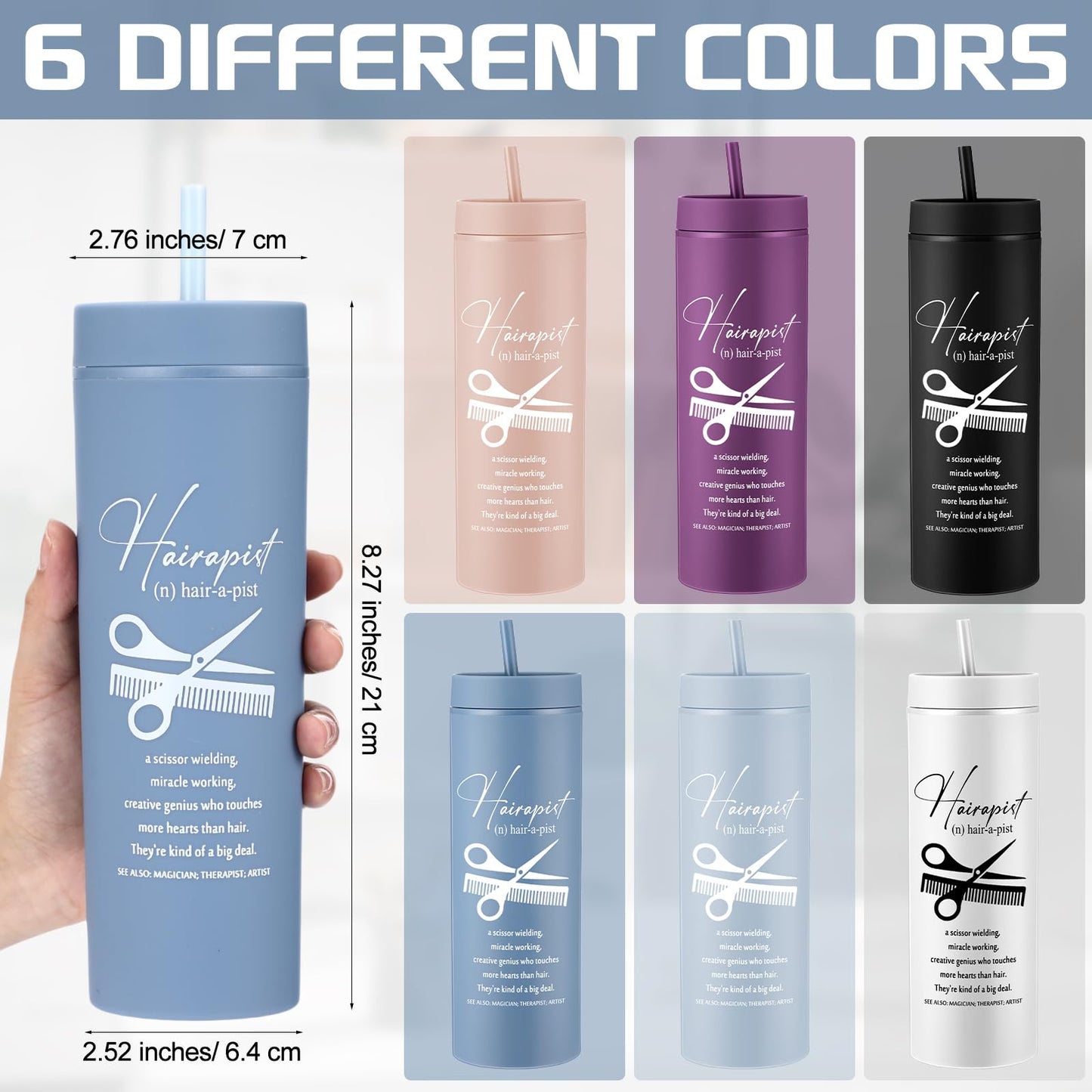 Rtteri 6 Pcs Hairdresser Tumbler Hair Stylist Gifts for Women Men Hairstylist Ideas 16 oz Hair Stylist Tumbler with Straw and Lid Frosted Plastic Coffee Cup for Salon Hairstylist Appreciation Day