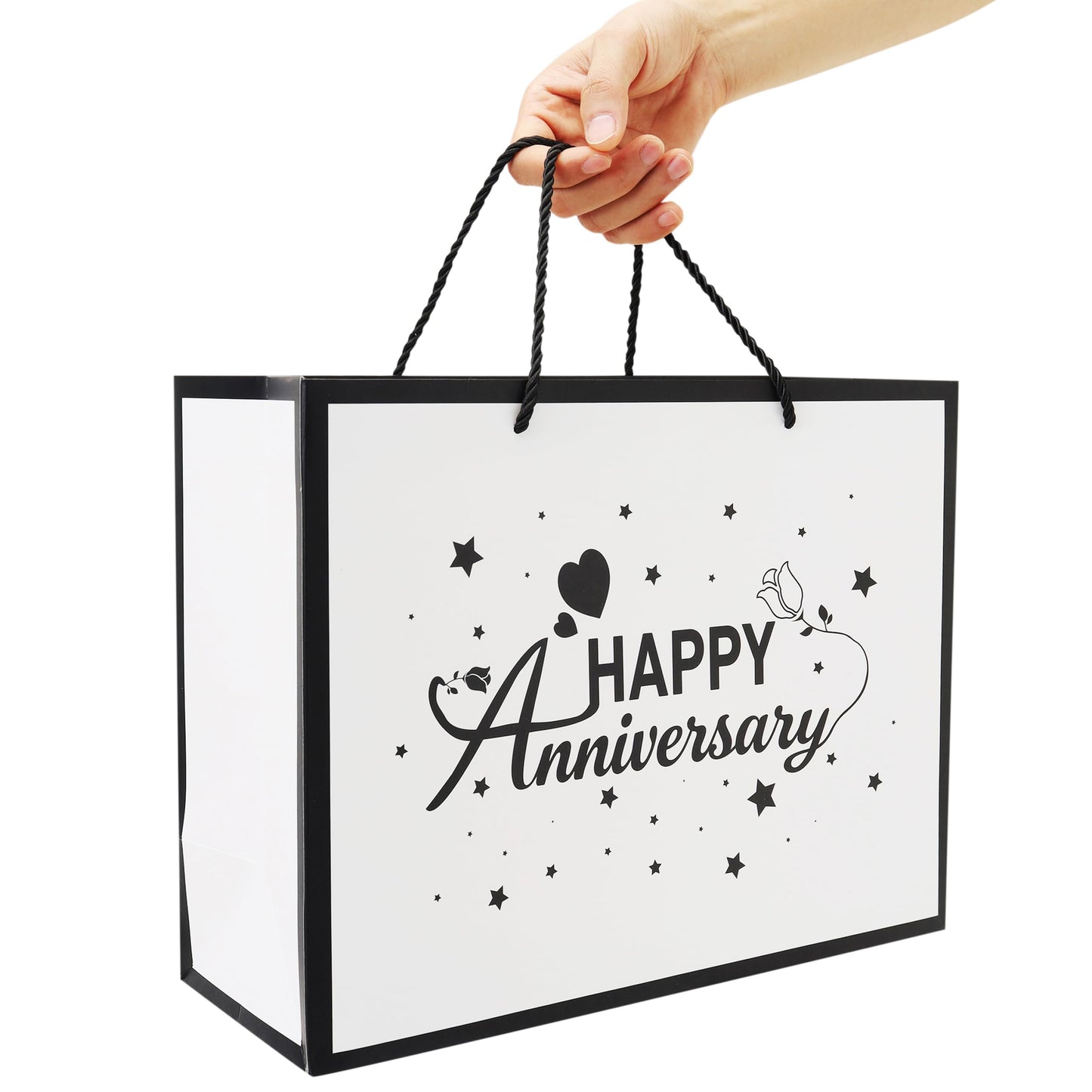 Qirrmiy 13'' Large Anniversary Design Gift Bag Set with Handles, Greeting Card, Black Tissue Papers and Stickers for Women Men Husband Wife Boyfriend Girlfriend or Romantic, Anniversary Design, 1 Pcs