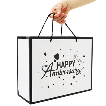 Qirrmiy 13'' Large Anniversary Design Gift Bag Set with Handles, Greeting Card, Black Tissue Papers and Stickers for Women Men Husband Wife Boyfriend Girlfriend or Romantic, Anniversary Design, 1 Pcs