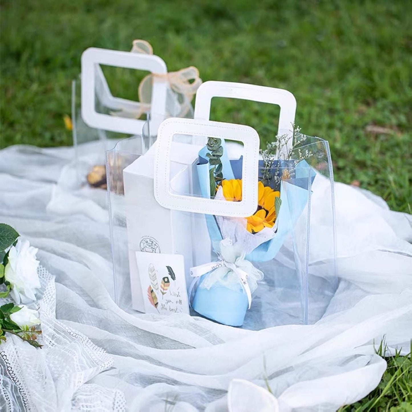 Rmannke Clear Gift Bag with Handle, 4 Pcs Large Transparent PVC Gift Bag, Heavy Duty Reusable Gift Wrap Bags for Bridal Party, Baby Shower, Wedding Favor, Shopping Bag Bulk- 9.8"x6"x11"