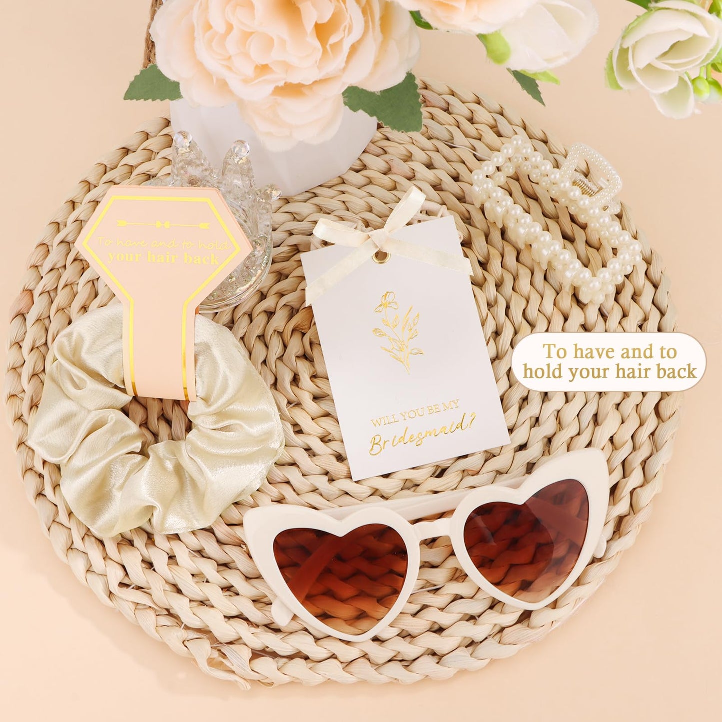 Bridesmaid Proposal Gift Set, 4PCS Satin Scrunchie, Pearl Hair Clip, Heart Shaped Sunglasses & Will You Be My Bridesmaid Card, Bridesmaids Gifts for Wedding Day and Bridal Shower (Champagne Gold)