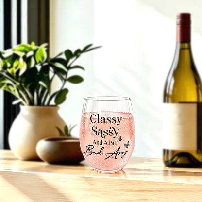 Funny Gifts for Women – 15oz Sassy Stemless Wine Glass, Hilarious Birthday Present for Friend Sister Coworker Neighbor Girlfriend, Novelty White Elephant Gag Gift for Adults