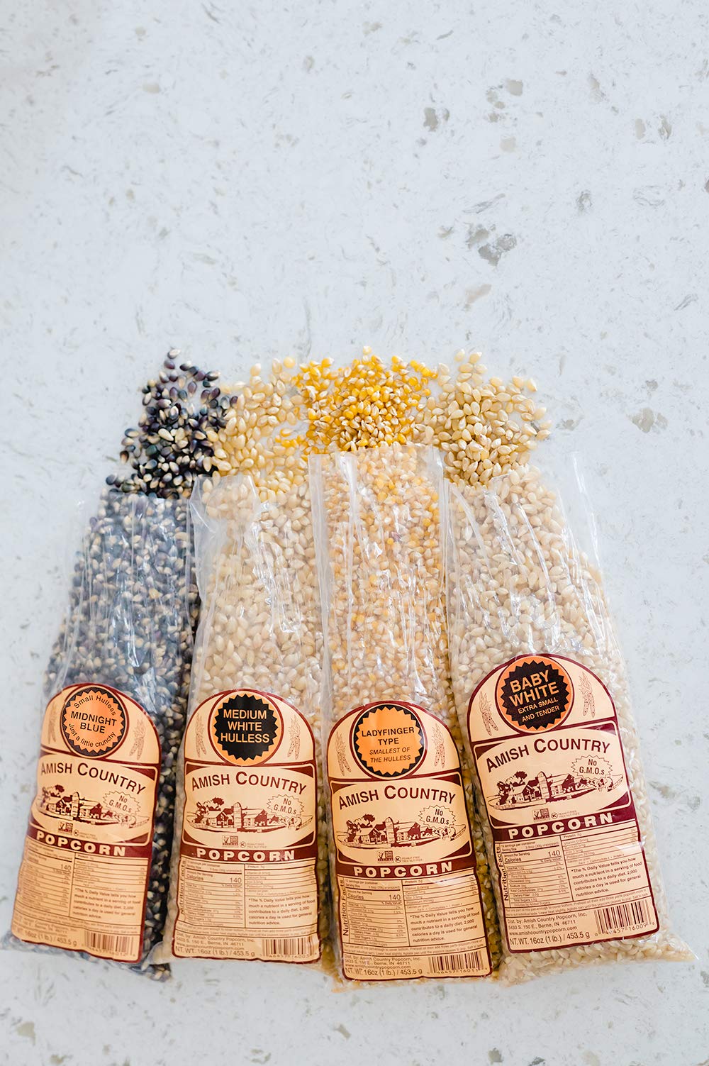 Amish Country Popcorn | 4-1lb Bags | Variety Pack | 1 lb each (Baby White - Medium White - Ladyfinger and Midnight Blue Popcorn Kernels) | Old Fashioned, Non-GMO and Gluten Free (4-1lb Bags)