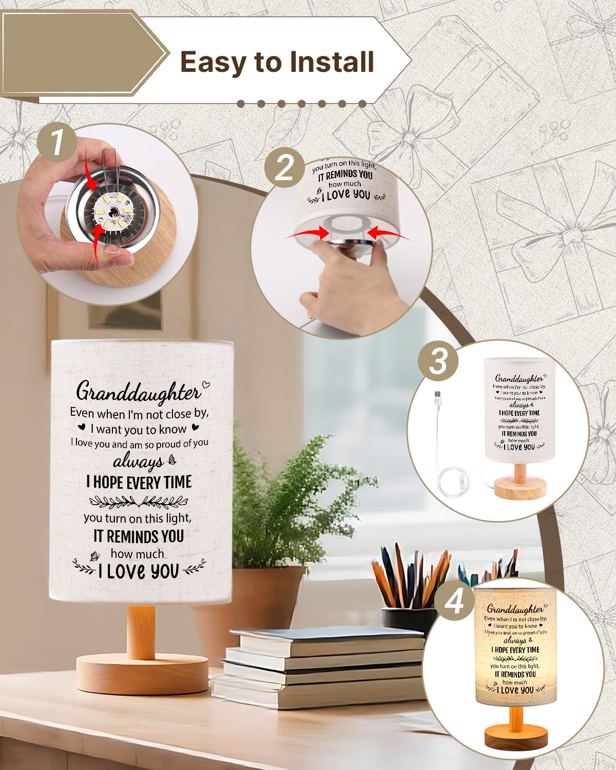 SOUHONEY Granddaughter Gifts from Grandma, Best Birthday Gifts for Granddaughter Bedside Table Lamp Light - Christmas Gifts for Bedroom Living Room Graduation Gifts for Granddaughter