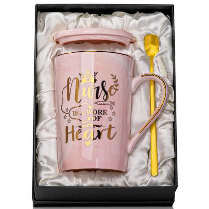 Nurse Gifts for Women, Funny Nurse Mug with Gold Print, Nurses Week Retirement Graduation Appreciation Present, School Nursing Student RN Practitioner, 14oz Pink Marbled Ceramic Cup, Nice Gift Boxed