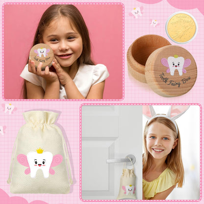 Equsion 3 Pcs Tooth Fairy Gifts for Girls and Boys Tooth Fairy Box Coin Unicorn Bag with Gold Foil Reward Coins Wood Baby Keepsake Box for Lost Teeth Kids Birthday Gift(Pink)
