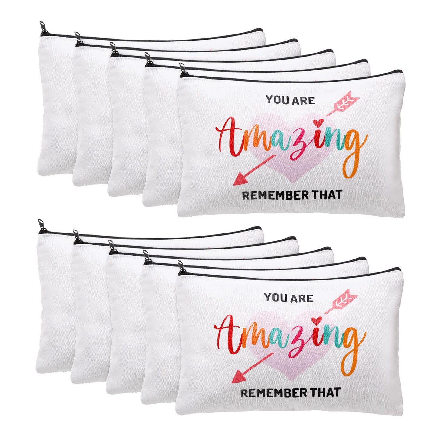 Chunful 10 Pieces Inspirational Canvas Makeup Bags for Women Graduation Gift Rainbow Canvas Cosmetic Bags Bulk with Zipper Friendship Gift Travel Toiletry Pouch(Heart Style)