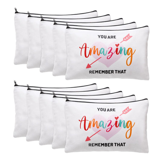 Chunful 10 Pieces Inspirational Canvas Makeup Bags for Women Graduation Gift Rainbow Canvas Cosmetic Bags Bulk with Zipper Friendship Gift Travel Toiletry Pouch(Heart Style)