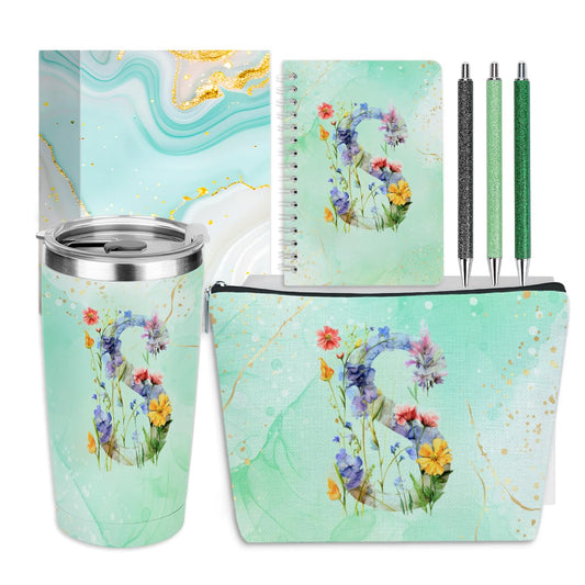 Personalized Gifts for Women Monogrammed Birthday Gifts for Women, Wife Girlfriend Christmas, Initial 20 oz Tumbler, Makeup Cosmetic Bag Cup Pens Journal Notebook 6 Set, (Aesthetic Green Flower S)