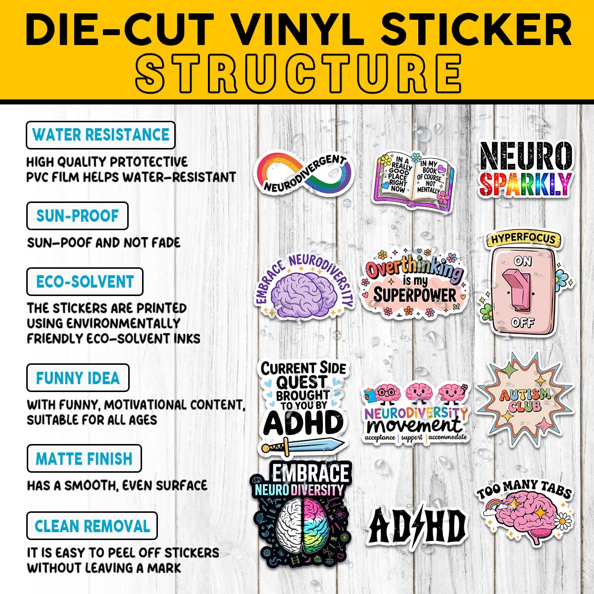 12pcs ADHD Stickers Pack, Funny Mental Health Neurodivergent Stickers, Neurodiversity Hyperfocus Sticker, ADHD Awareness Therapy Gifts Decal Waterproof for Kids Adults, Laptop Tablet Water Bottle