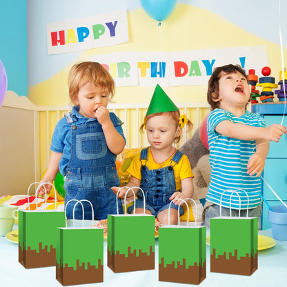 12Pcs Pixel Theme Party Favor Bags Video Game Party Supplies Pixel Paper Gift Mining Theme Goodie Bags with Handle Gamer Birthday Treat Candy Bag for Kids Pixelated Birthday Baby Shower Decoration