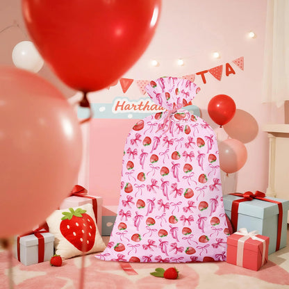 WRAPAHOLIC 56" Large Strawberry Bow Plastic Gift Bag - Pink Bow and Sweet Strawberry Jumbo Bike Bag Gift Wrap for Women Girls Birthday, Baby Shower, Wedding, Bridal Shower - 56" H x 36" W