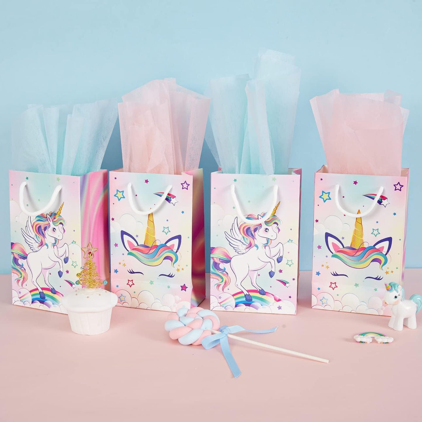 WERNNSAI 16PCS Unicorn Gift Bags - Rainbow Unicorn Party Supplies Goodie Bags for Girls Kids Birthday Unicorns Party Favor Bag with Handles Candy Treat Bag for Baby Shower Supplies