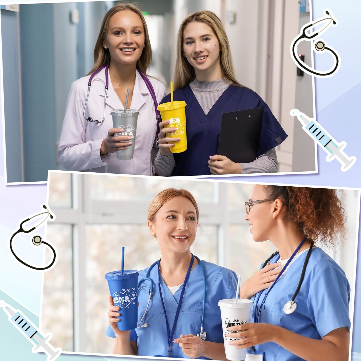 Meanplan 24 Pcs Cna Week Gifts Bulk Certified Nursing Assistants Gifts Cna Cups with Lids and Straws 24 oz Plastic Tumbler Nurse Appreciation Travel Mugs for Graduation Retirement Party Favors