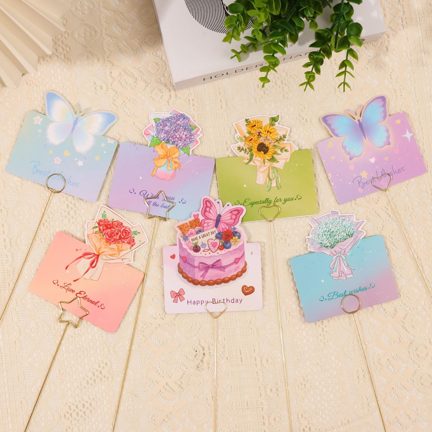 Round & Heart 40Pcs 11.8" Floral Picks Card Holders with Wire Cutter and 30 Cards, Golden Metal Florist Flower Bouquet Accessories Supplies Photo Place Gifts Card Tree Sticks, Ideal for Wedding Party