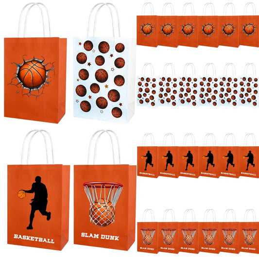 Kiooaci 24 Pcs Basketball Gift Bags, Basketball Paper Goodie Treat Candy Party Favor Bags with handle for Team Birthday Theme Party Supplies