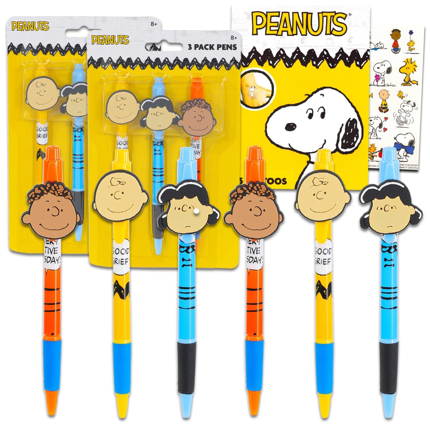 Peanuts Pens Set - Bundle with 6 Charlie Brown Pens with Clip Plus Tattoos for Kids Stocking Stuffers | Peanuts Stationery Gift for Boys, Girls