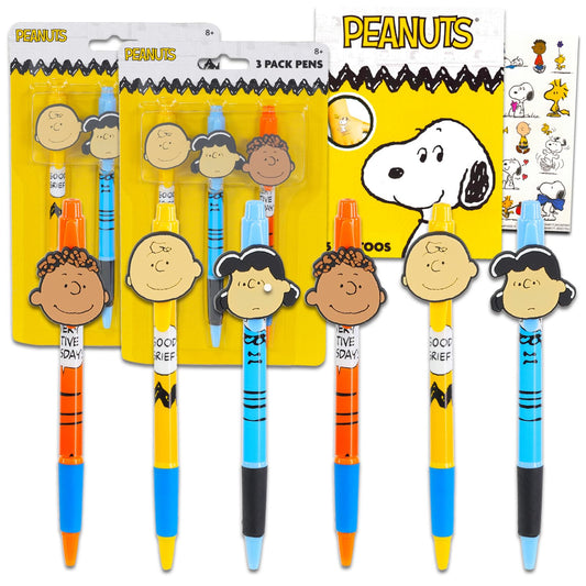 Peanuts Pens Set - Bundle with 6 Charlie Brown Pens with Clip Plus Tattoos for Kids Stocking Stuffers | Peanuts Stationery Gift for Boys, Girls