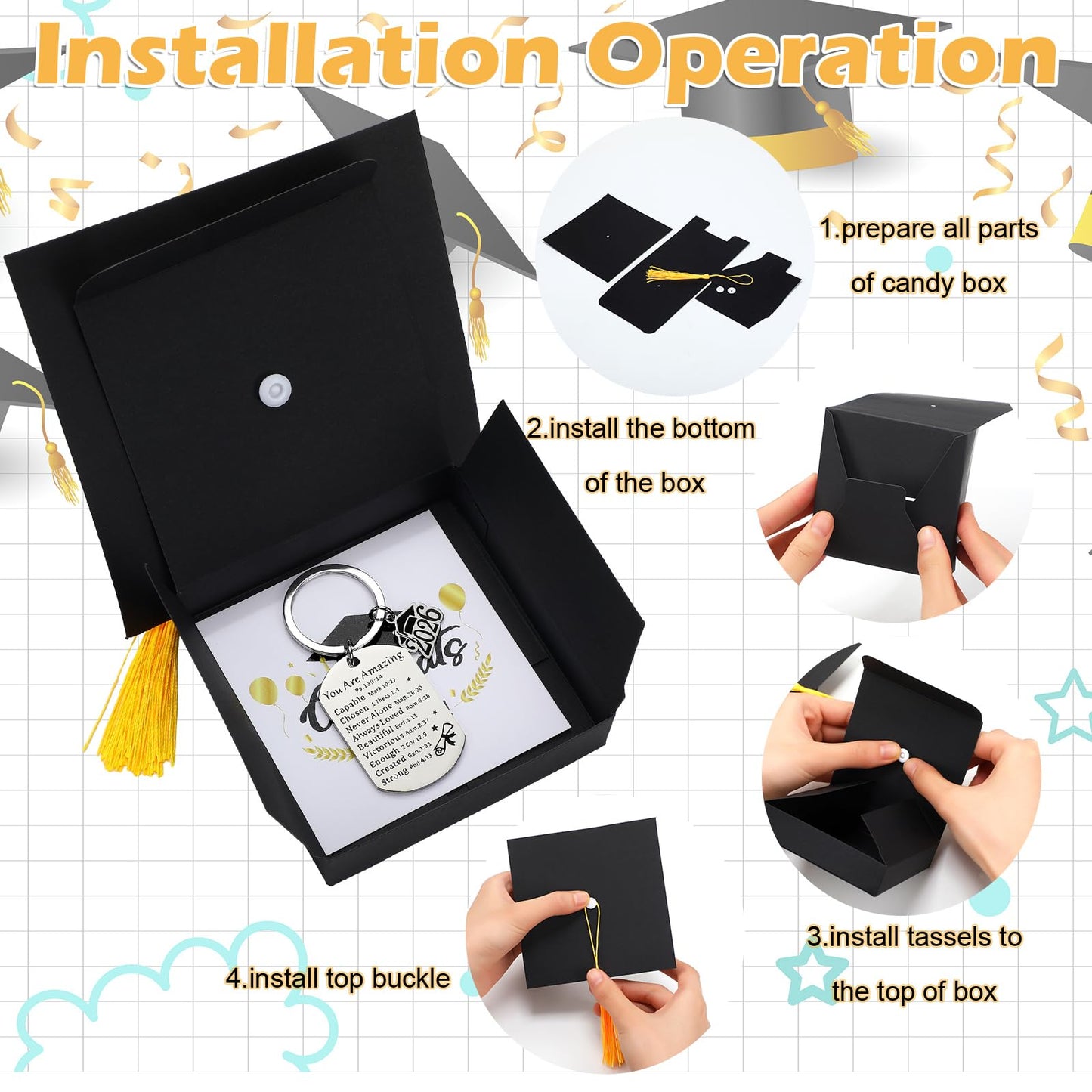Quelay 12 Sets Graduation Keychain Gift Graduation Christian Keyring with Doctoral Hat Gift Box for Class of 2026 Grad