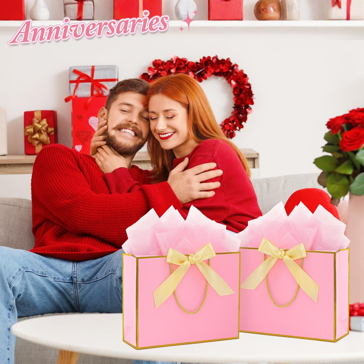 Addblu 2 Pack Large Gift Bags with Handles & Tissue Papers, 12.6×10×4 Inches Thank You Gift Bags with Cards for Mother’s Day, Birthday, Baby Shower, Wedding & Bridesmaids (Pink Gift Bag, 2 PCS)