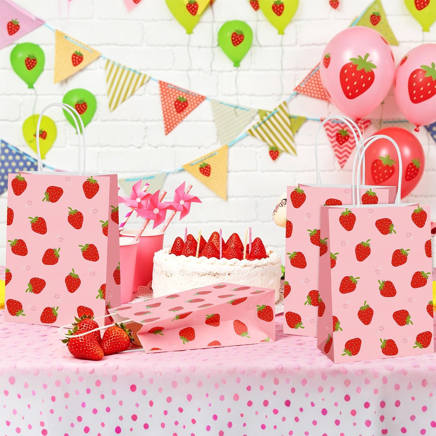 Lemicin 12 Pcs Strawberry Gift Bags Strawberry Party Favor Gift Bags Pink Berry Sweet Paper Candy Treat Goodie Bag with Handles for Birthday Baby Shower Summer Holiday Party Supplies