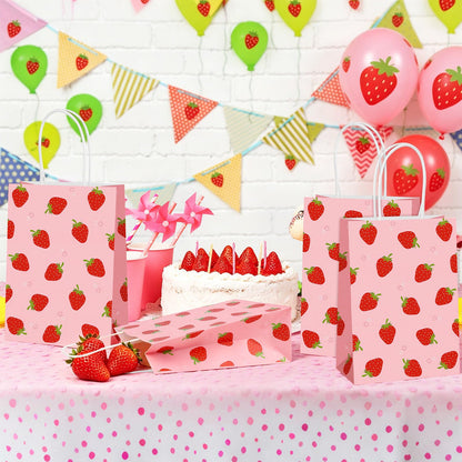Lemicin 12 Pcs Strawberry Gift Bags Strawberry Party Favor Gift Bags Pink Berry Sweet Paper Candy Treat Goodie Bag with Handles for Birthday Baby Shower Summer Holiday Party Supplies