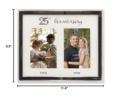 4x6 Double Silver Beaded Metal 25th Anniversary Picture Frame, Then and Now