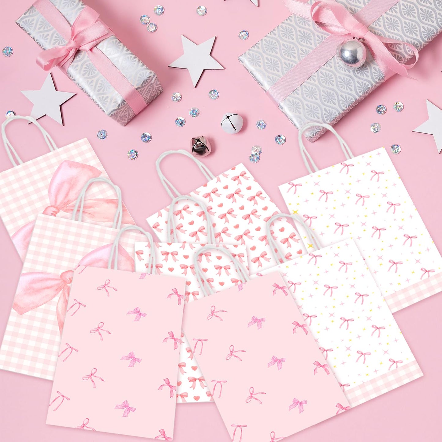 MUZRUYOU Pink Bow Goodie Bags 16 Pcs - Pink Gift Favor Bags with Handles for Birthday Party, Baby Shower, Bridal Shower, Bachelorette Supplies Coquette Theme